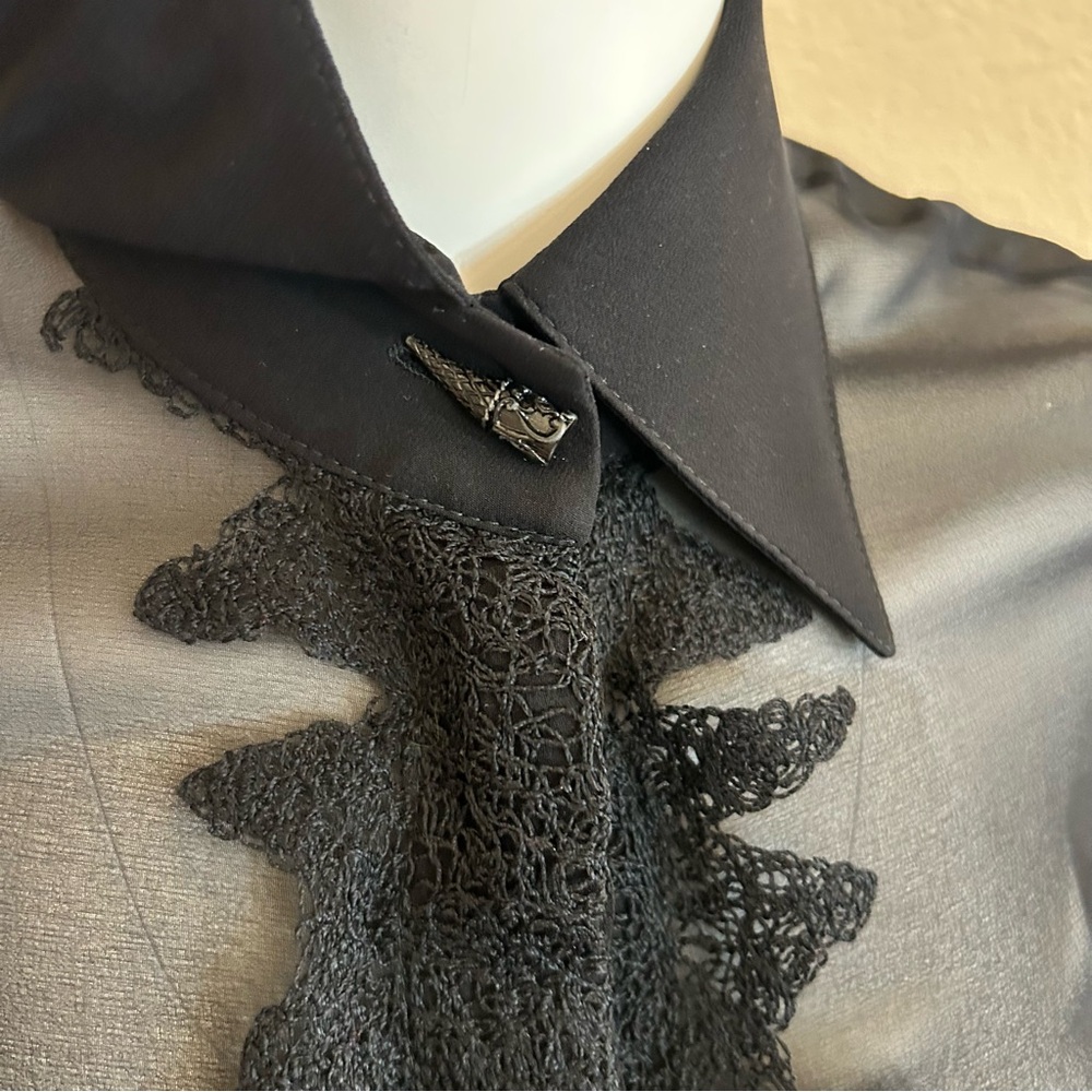 Versace Silk Blouse Lace X Small to Small Sheer Top Long Sleeves Button Front - Picture 3 of 8
